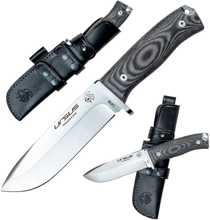 J&ampV URSUS – Survival Knife for Camping Bushcraft Field Hunting Fishing Blade 14.5 cm Stainless Steel MOVA 1.4116 Leather Sheath Made in Spain BLACK MICARTA