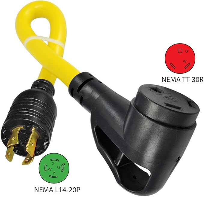 Conntek 15828 1.5-Feet 20-Amp RV Generator Adapter for Model 4-Prong Locking Plug to RV 30-Amp Ergo Grip Connector with Power Indicator  Yellow
