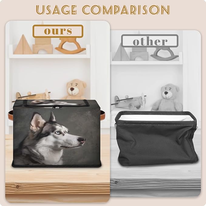 Husky Dog Storage Box with Lid Cute Pet Dog Collapsible Storage Bins Baskets Cubes Closet Shelf Clothes Organizer Containers with PU Leather Handles