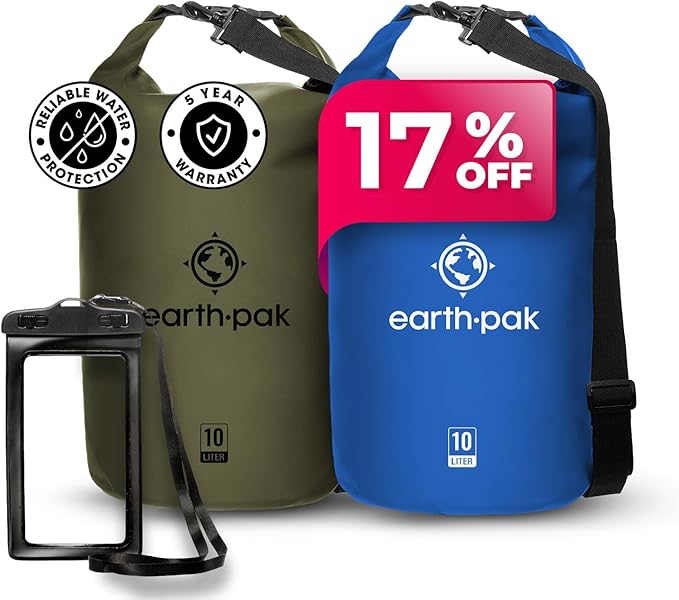 Earth Pak Waterproof Dry Bag - Roll Top Waterproof Backpack Sack Keeps Gear Dry for Kayaking Beach Rafting Boating Hiking Camping and Fishing with Waterproof Phone Case