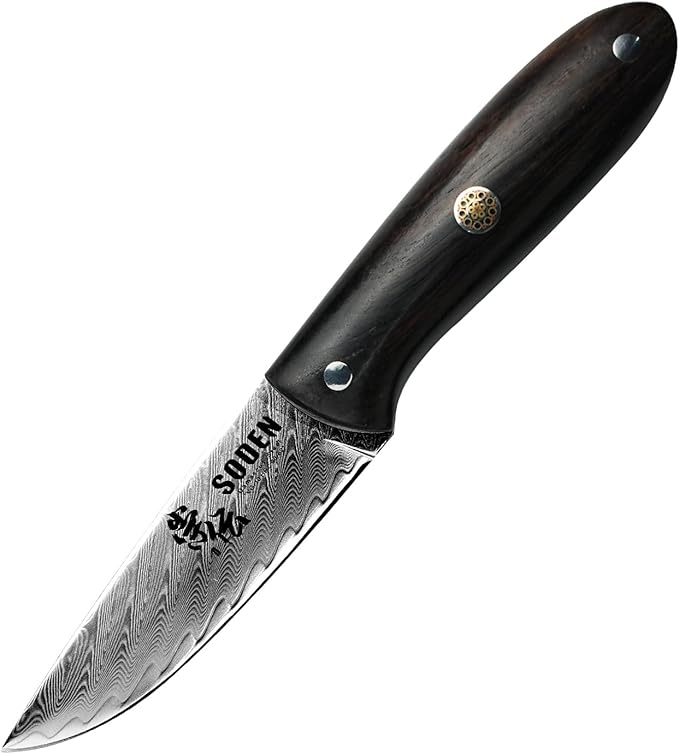 SODEN Damascus Camping Knife VG-10 Core Full Tang Fixed Blade for Survival &amp Outdoor Hunting | Ergonomic Rosewood Handle | Premium Knife Tool