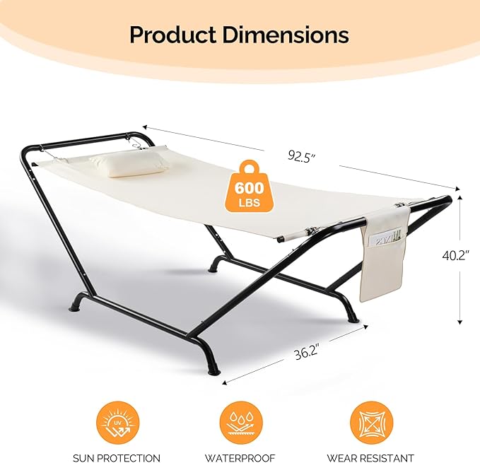 ONCLOUD Freestanding Hammock with Stand 600LBS Heavy Duty Outdoor Hammock Cofy Outdoor Hammock with Stand Hammock Bed for Yard Deck Patio Hammock with Soft Pillow &amp Storage Bag (White)