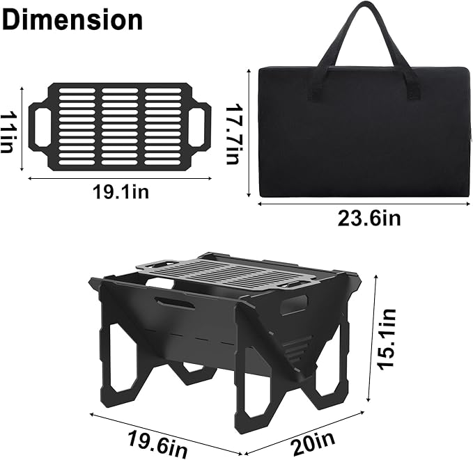 20 inch Fire Pit Outdoor Portable Firepit with BBQ Tray Detachable Camping Steel Fire Pits for Backyard Patio Picnic Bonfire Garden (Black-Large)