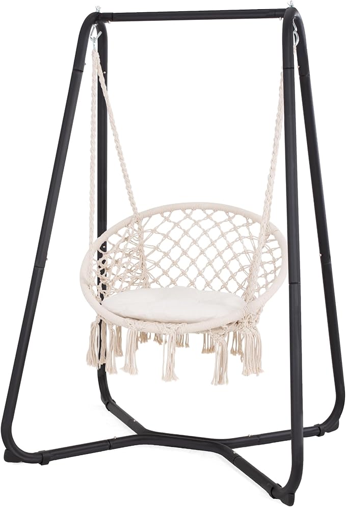 SUNCREAT Patio Swing Chair with Stand and Cushion Heavy Duty Hanging Chair with Stand for Bedroom 330 lbs Capacity Patent Pending Beige