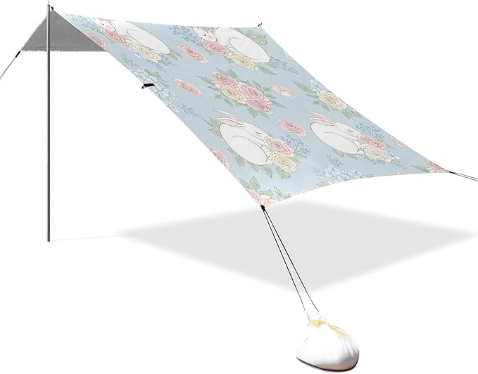 Bunny Beach Canopy Sun Shelter with Sandbags &amp Sand Shovel &amp Windproof Ropes - Portable 110x126 Beach Shade Beach Tent for Camping Picnics