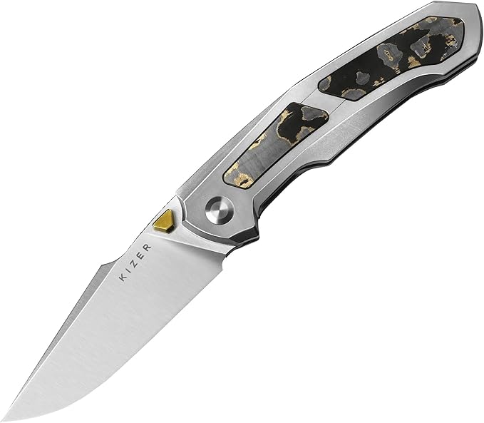 Kizer Feweed Pocket Knife 2.98 Z-Wear PM Clip Point Blade Folding Knife with Titanium Handle with CamoCarbon Gold Front Flipper &amp Thumb Stud Opener EDC Knives for Camping Hiking KI3694A4