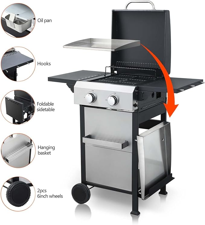 2-Burner Propane Gas BBQ Grill with Wire Enamel Cooking Grids &amp SS Plancha 24600 BTU Output Stainless Steel Grill with Foldable Side Table and Hanging Basket for Outdoor Backyard Barbecue