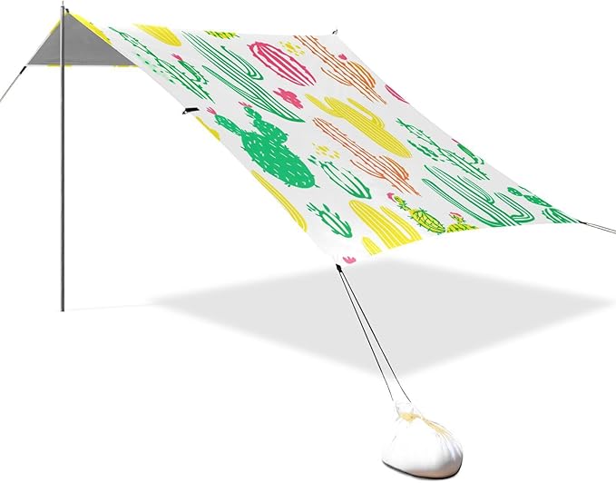 Beach Canopy with Windproof Ropes &amp Sandbags Beach Tent Sun Shade Sun Shelter for Camping Trips Fishing Backyard Fun or Picnics Cactus
