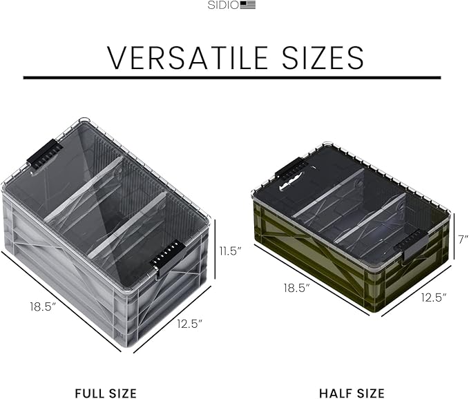 SIDIO CRATE Pro Pack - Two Full Size and One Half Size Heavy Duty Stackable Storage Bins Totes and Containers with Lids and Dividers - Durable Organizer for Home Office Garage and Outdoor Use