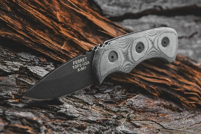 Tops Knives Ferret Full Tang Fixed Blade- Black Traction Coating Blade Finish- Black Kydex Sheath w/Neck Landyard