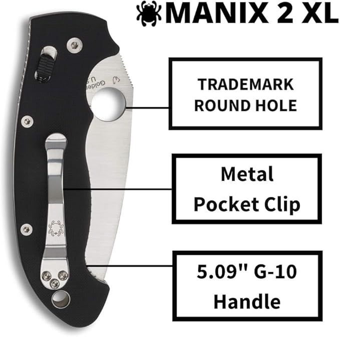 Spyderco Manix 2 XL Folding Pocket Knife with 3.8 CPM S30V Steel Blade and G-10 Handle - EDC Knife for Men and Women Perfect for Hunting Tactical Camping Survival Hiking - PlainEdge - C95GP2