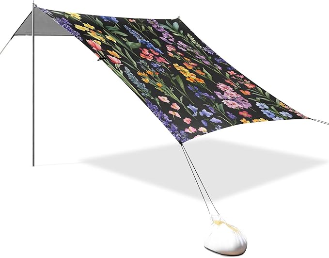 Retro Flowers Beach Tent UPF50+ Protection Easy Setup Portable Sun Shelter Includes Sand Shovel Sandbags Stability Poles for Camping Trips Fishing Backyard Fun or Picnics
