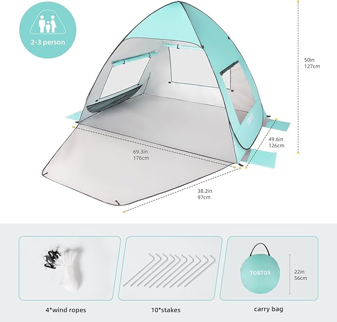 TOBTOS UPF 50+ Pop Up Beach Tent Easy Set Up Beach Umbrella Sun Shelter for 2-3 People UV Protection Portable Sunshade Baby Canopy Cabana Lightweight with Carry Bag
