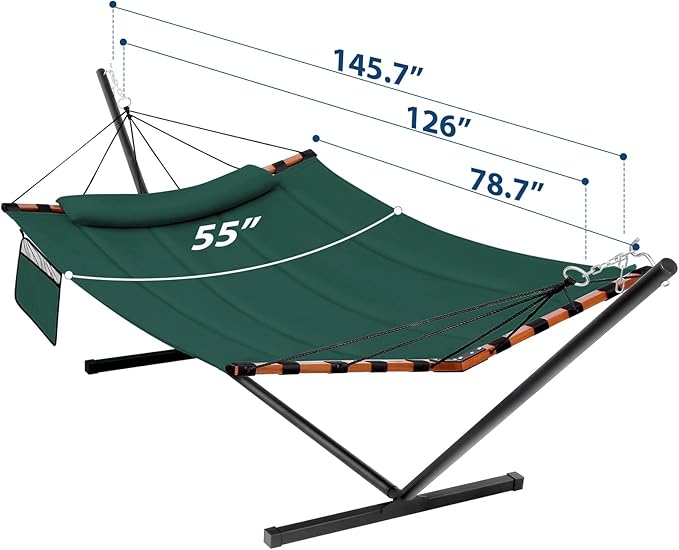 TegerDeger 12FT 2 Person Hammock with Stand Included 55 x 79IN Large Hammock 450LB Capacity with Hardwood Spreader Bar &amp Nylon Rope for Outside Patio Garden Backyard Beach Poolside - Dark Gre