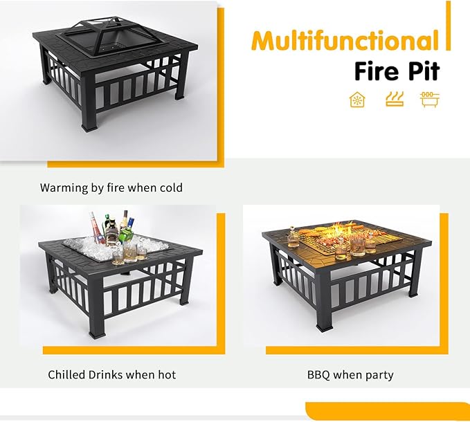 Tuoze 32-inch Fire Pits Outdoor Patio Metal Multifunctional Firepit Table with Waterproof Cover for Camping Bonfire Party Picnic BBQ Backyard Garden Outside Heatingblack