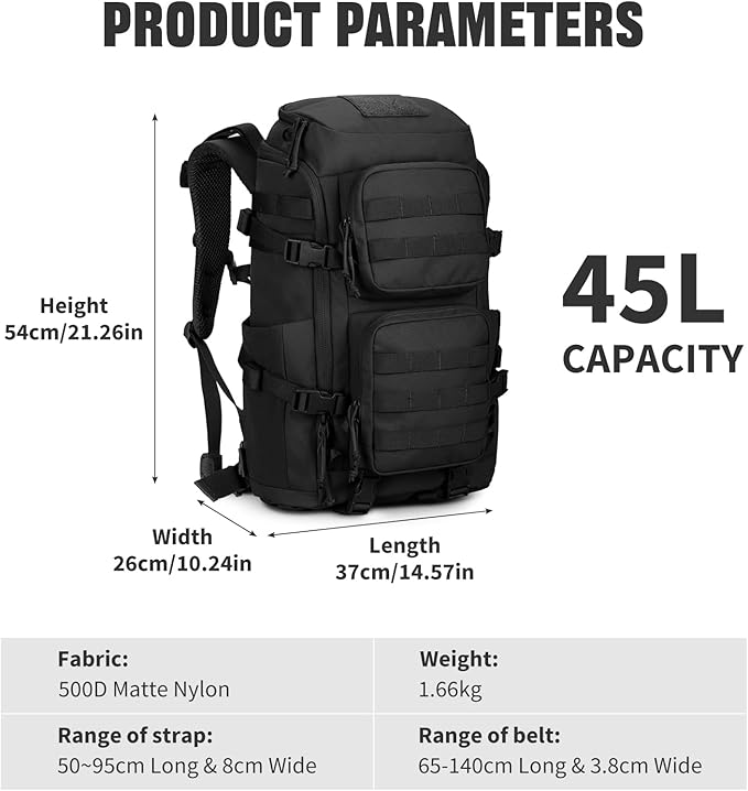 45L Tactical Backpack Military Molle Backpack with 17 Laptop Compartment Survival Large Hiking Travel Rucksack for Outdoors
