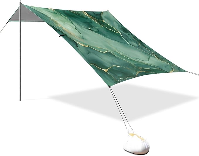 ALAZA Green Marble W/Gold Line Beach Tent Sun Shelter UPF50+ Protection Beach Shade Canopy w/ 4 Sandbags for Outdoor Camping Fishing Backyard Fun Picnic 10x9 ft