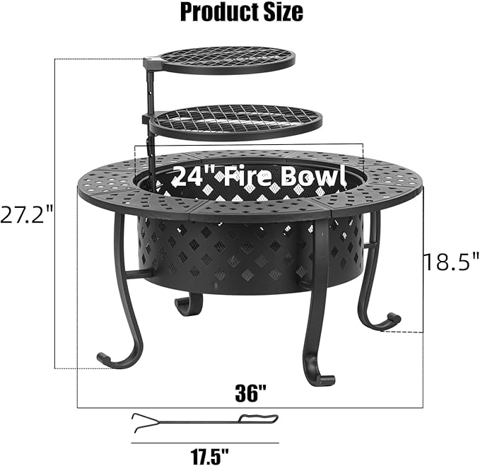 Panovue 36 Inch Fire Pit with 2 BBQ Grills Wood Burning Fire Pits for Outside with Lid &amp Fire Poker BBQ&amp Outdoor Firepit &amp Round Metal Table 3 in 1 for Patio Picnic Party