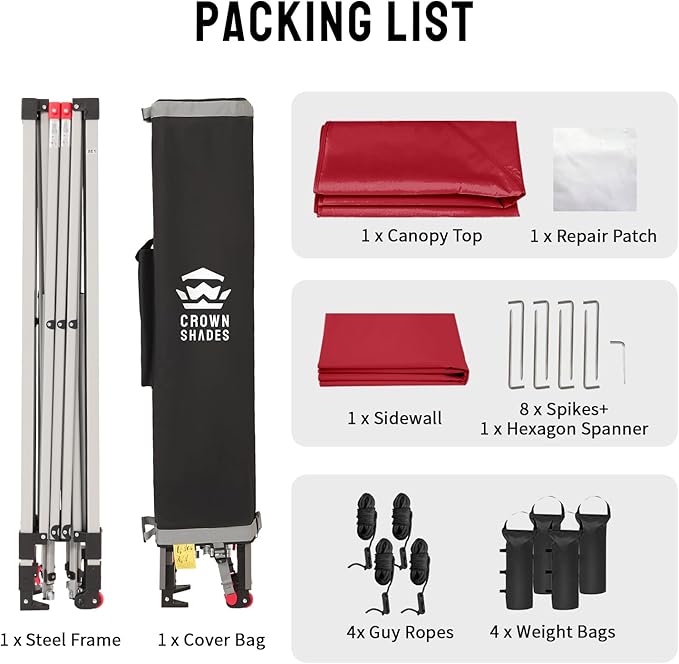 CROWN SHADES 8x8 Pop Up Canopy with 1 Side Wall - Beach Tent with One Push Setup - Outdoor Sun Shade for Events Parties Camping - Gazebo with STO-N-Go Cover Bag (Red)