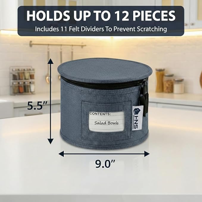 Salad Plates Storage Container - Hard Shell China Organizer with Dividers - Holds 12 Plates of 9 - Durable &amp Stackable Storage Box for Seasonal Dishware Protection - Denim Blue