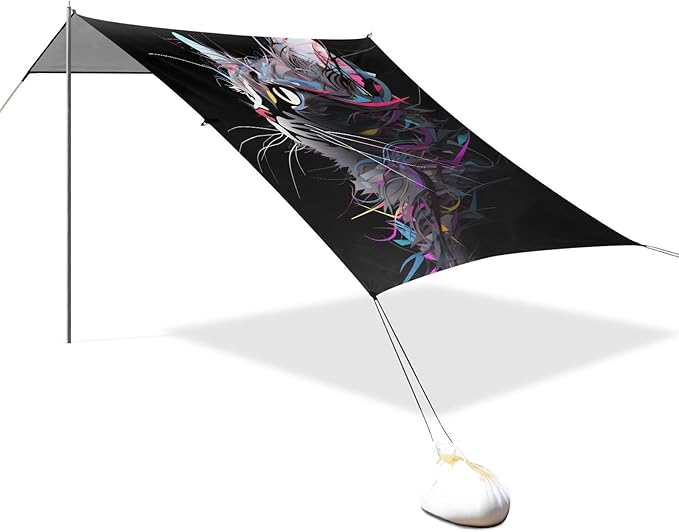 ALAZA Cat Art Painting Beach Tent Sun Shelter UPF50+ Protection Beach Shade Canopy w/ 4 Sandbags for Outdoor Camping Fishing Backyard Fun Picnic 10x9 ft