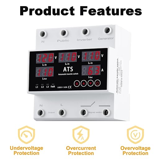 Automatic Transfer SwitchAutomatic Switching Between Utility Power、Generator and InverterOvercurrent ProtectionOvervoltage and undervoltage Protection63A