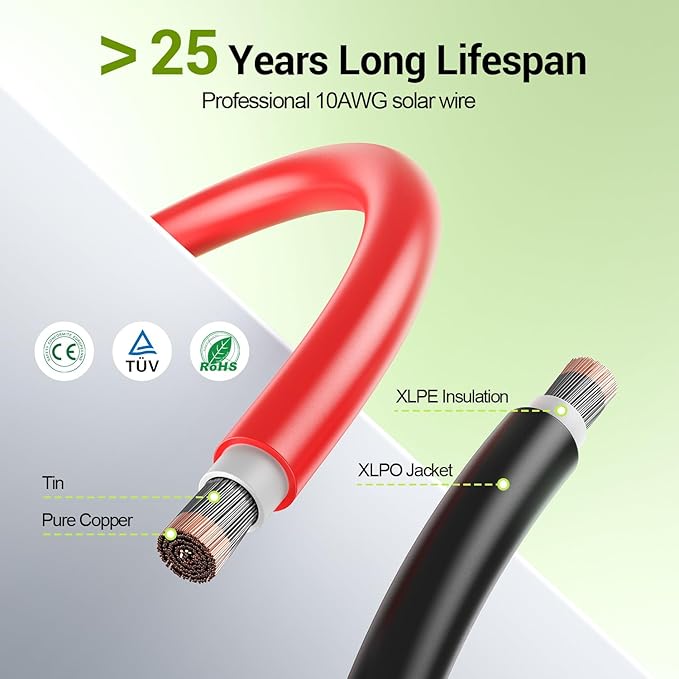 100FT 10AWG Solar Extension Cable 10 Gauge Solar Panel Wire with Waterpproof Female and Male Connectors for Outdoor RV Off-Grid Photovoltaic Systems(Black+Red)