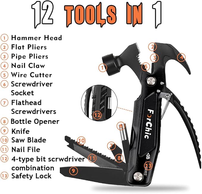 Hammer Multi Tool 12 in 1 Hammer Camping Gear Survival Tool Birthday Christmas Gift for Men Christmas Gifts for Dad Who Wants Nothing Mens Gifts for Him Dad Husband Grandpa Boyfriend