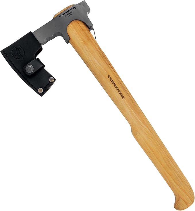 Condor Tool &amp Knife TravelHawk Axe - Handcrafted Leather Sheath - 1060 High Carbon Steel Camping Axe with a Light Wooden Hickory Handle - 6.6in Blade - 30.3oz