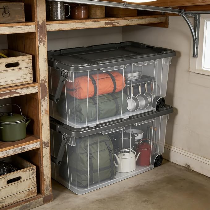 160 Quart Wheeled Stacker Extra Large Durable Clear Bin Latch Lid and Pull Handle Gray 2 Count