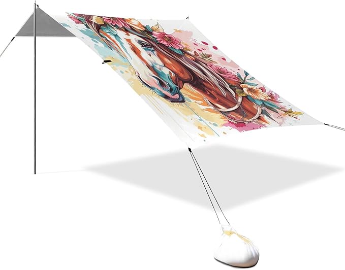 ALAZA Boho Horse with Flower Beach Tent Sun Shelter Portable Canopy Sunshade for Outdoor Camping Picnics Backyard Fun 10x9 ft