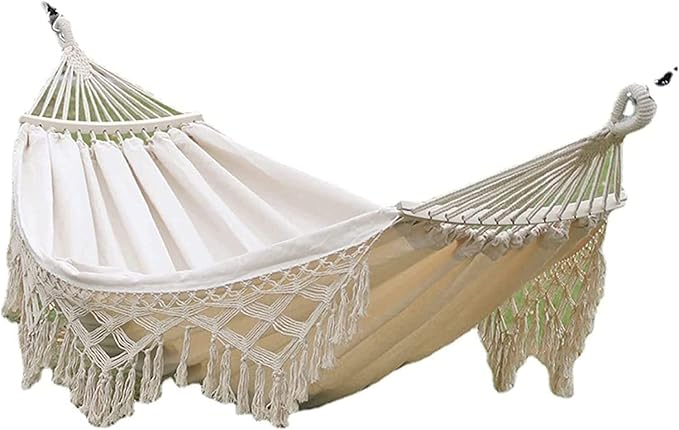 Camping Hammock Brazilian Tassels with Fringe Crochet Cotton Linen Double Hammock for Outdoor Indoor Garden Patio Porch Yard Included Carrying Bag