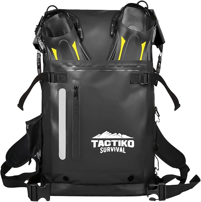 Tactiko Survival 30L Heavy-Duty 100% Waterproof Backpack - Equipment Pocket Carabiner - Roll Top Floating Dry Bags (Jet Black)
