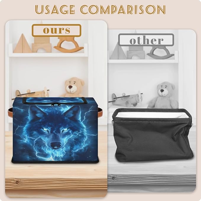 Wildlife Wolf Storage Box with Lid Cool Wolf Collapsible Storage Bins Baskets Cubes Closet Shelf Clothes Organizer Containers with PU Leather Handles
