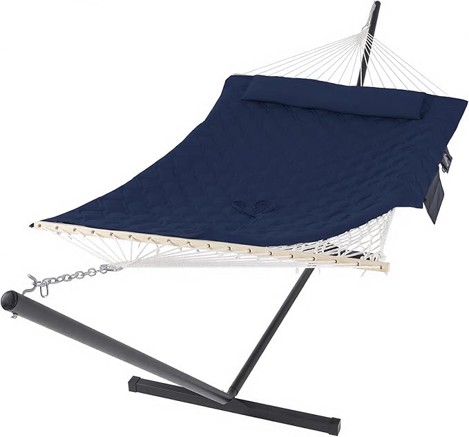 SUNCREAT Two Person Hammock with Stand Heavy Duty Backyard Hammock and Stand Navy Drops