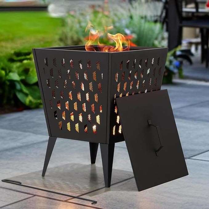 Sunjoy 18 in. Hartefeld Fire Pit Steel Outdoor Patio Fire Pit Wood Burning Backyard Firepit with PVC Cover and Fire Poker