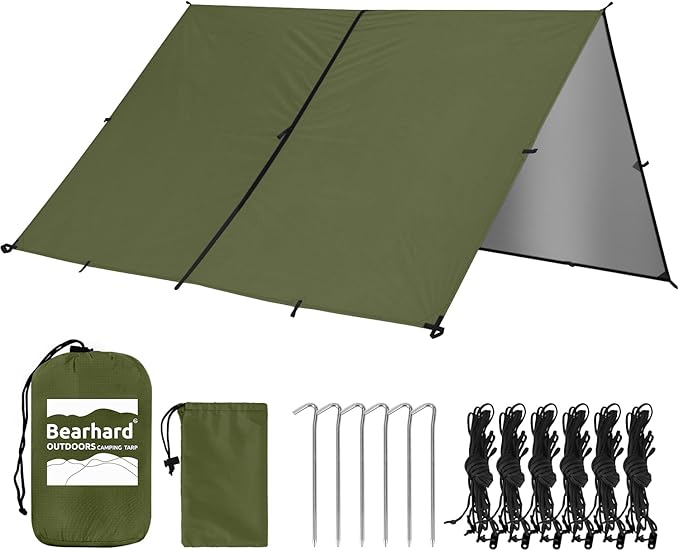 Bearhard Waterproof Camping Tarp Lightweight Hammock Rain Fly UV Protection and PU 3000mm Waterproof Backpacking Tarp Tent Footprint or Shelter Kit for Hiking and Outdoor Adventure