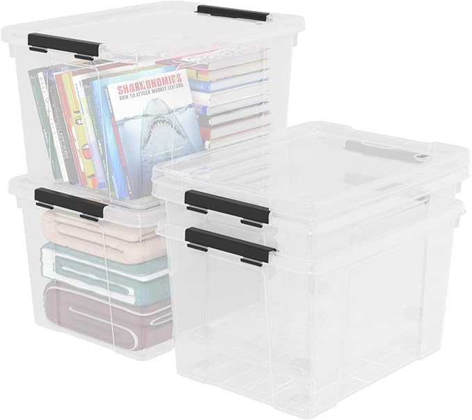 4 Pack 50 Quart Plastic Storage Bins with Lids and Wheels Large Clear Plastic Storage Totes Stackable Organizer Containers for Garage Closet Pantry Home Office