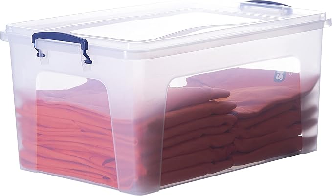 Superio Clear Storage Boxes with Lids Plastic Container Bins for Organizing Stackable Crates BPA Free Non Toxic Odor Free Organizers for Home Office School and Dorm (28.5 Quart 12 Pack)