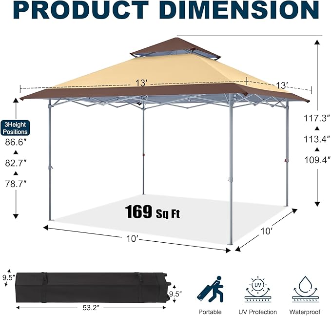 MASTERCANOPY 13x13 Pop-Up Canopy Tent Instant Shelter Outdoor Canopy with Wheeled Bag (Brown&ampKhaki)