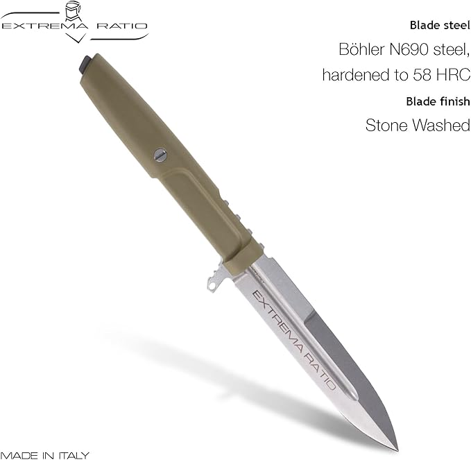 Extrema Ratio - Requiem (H.C.S) Fixed Blade Knife Bohler N690 steel blade 4.9 mm thick hardened to 58 HRC stone-washed finish lightweight ergonomic handle made in Italy
