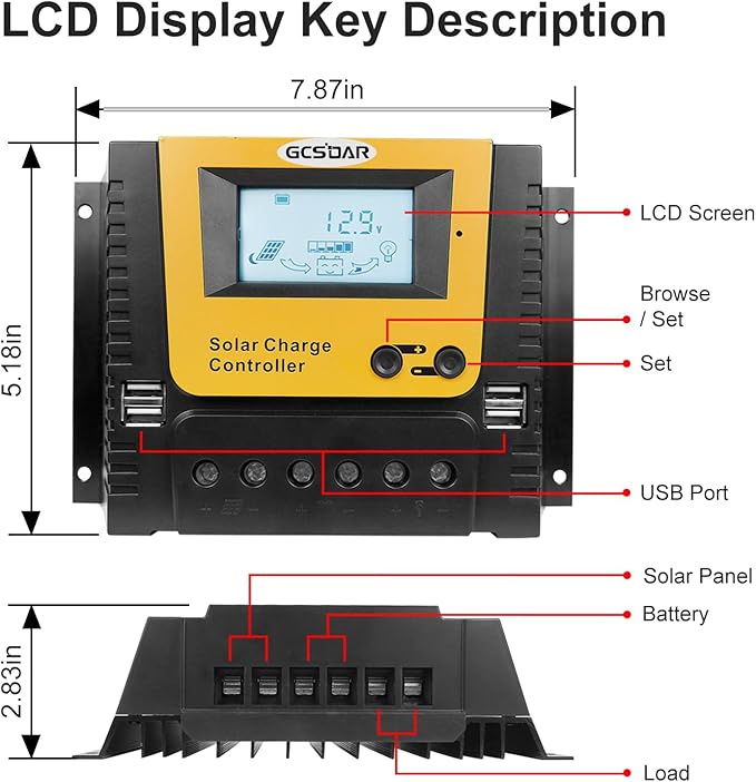 80A Solar Charge Controller 12V 24V 36V 48V Max PV 100VDC Solar Panels PWM Off Gird Regulator Backlit Display Quattro USB Intelligent for LFP AGM SLD FLA BAT