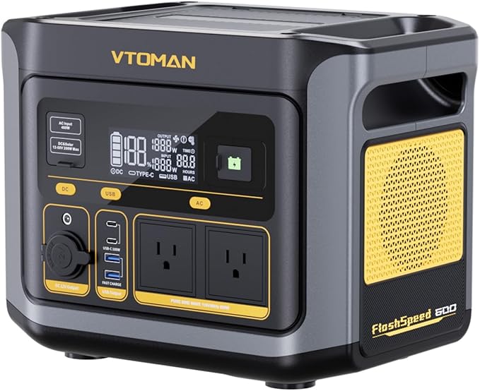 VTOMAN FlashSpeed 600 Portable Power Station 499Wh LiFePO4 Battery 600W AC (1200W Peak)/100W USB-C Output Solar Generator (Solar Panel Optional) for Home Backup Camping Fishing RVs