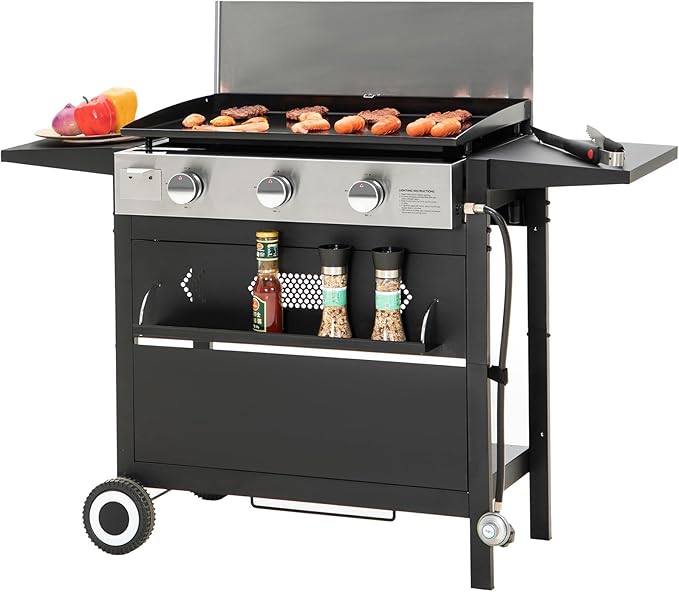 Sophia &amp William 28-Inch Flat Top Grill with Ceramic Coated Cast Iron Griddle 3-Burner Propane Gas BBQ Griddle Portable Outdoor Barbecue Grill33000 BTUBlack