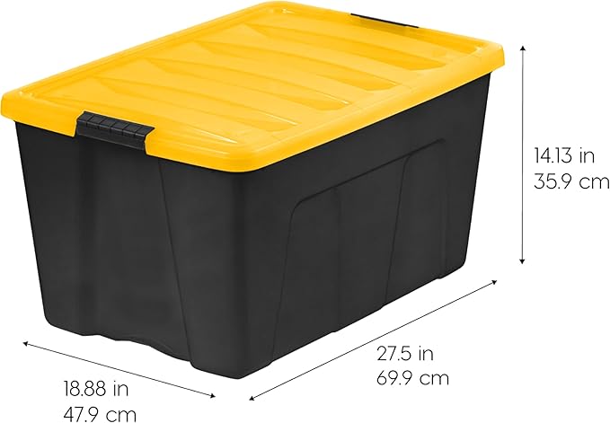 IRIS USA 94 Qt Stackable Plastic Storage Bins with Lids 4 Pack - BPA-Free Made in USA - Garage Organizing Solution Latches Durable Nestable Containers Secure Pull Handle - Black/Yellow