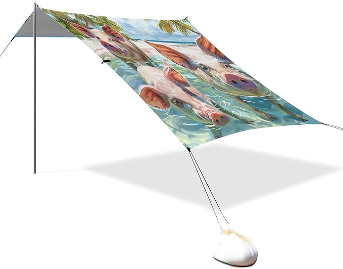 ALAZA Swimming Pigs Palm Tree Beach Tent Sun Shelter Portable Canopy Sunshade for Outdoor Camping Picnics Backyard Fun 10x9 ft