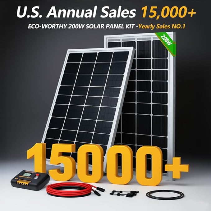 ECO-WORTHY 200 Watts 12 Volt/24 Volt Solar Panel Kit with High Efficiency Monocrystalline Solar Panel and 30A PWM Charge Controller for RV Camper Vehicle Caravan and Other Off Grid Applications