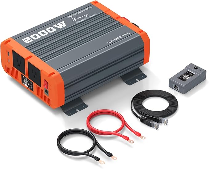 2000W Pure Sine Wave Inverter 12V to 110V/120V AC Car Power Inverter for Vehicles Truck Solar RV Home Backup with Dual AC Outlets USB &amp Type-C Fast Charge Ports Remote Controller