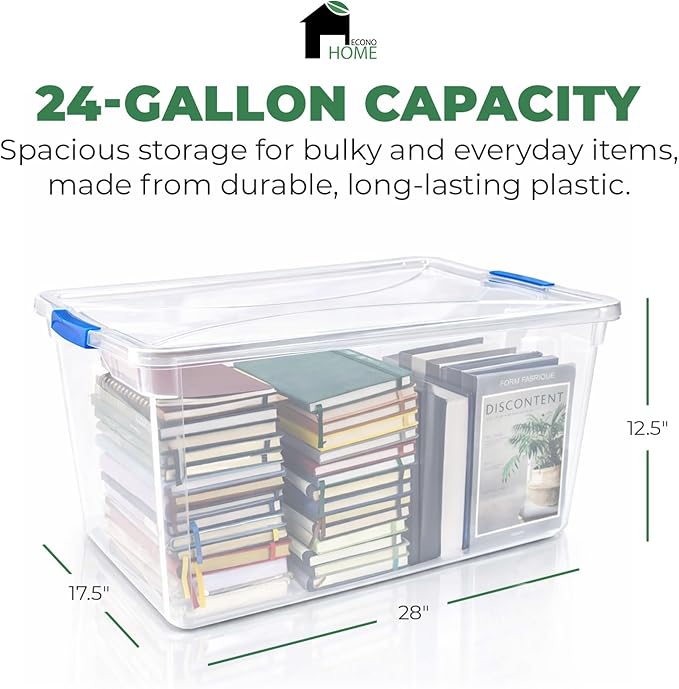 EconoHome Clear Storage Box - 95 Qt/24 Gallon Clear Plastic Storage Bins with Lids 4 Pack - Lidded Stackable Organizer Bins for Organization - Heavy-Duty Tote for Organizing at Home Office or Garage