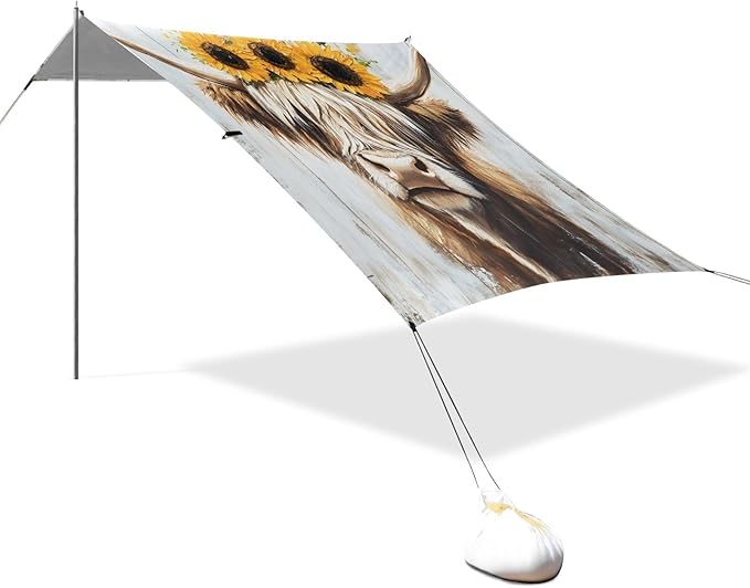 ALAZA Highland Cow Sunflowers Beach Tent Sun Shelter Portable Canopy Sunshade for Outdoor Camping Picnics Backyard Fun 10x9 ft